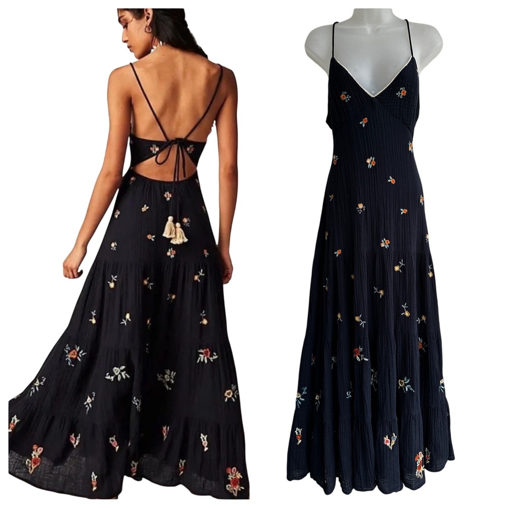 Free People Hibiscus Black Boho Floral Embroidered Gauze Maxi Dress Open Back S